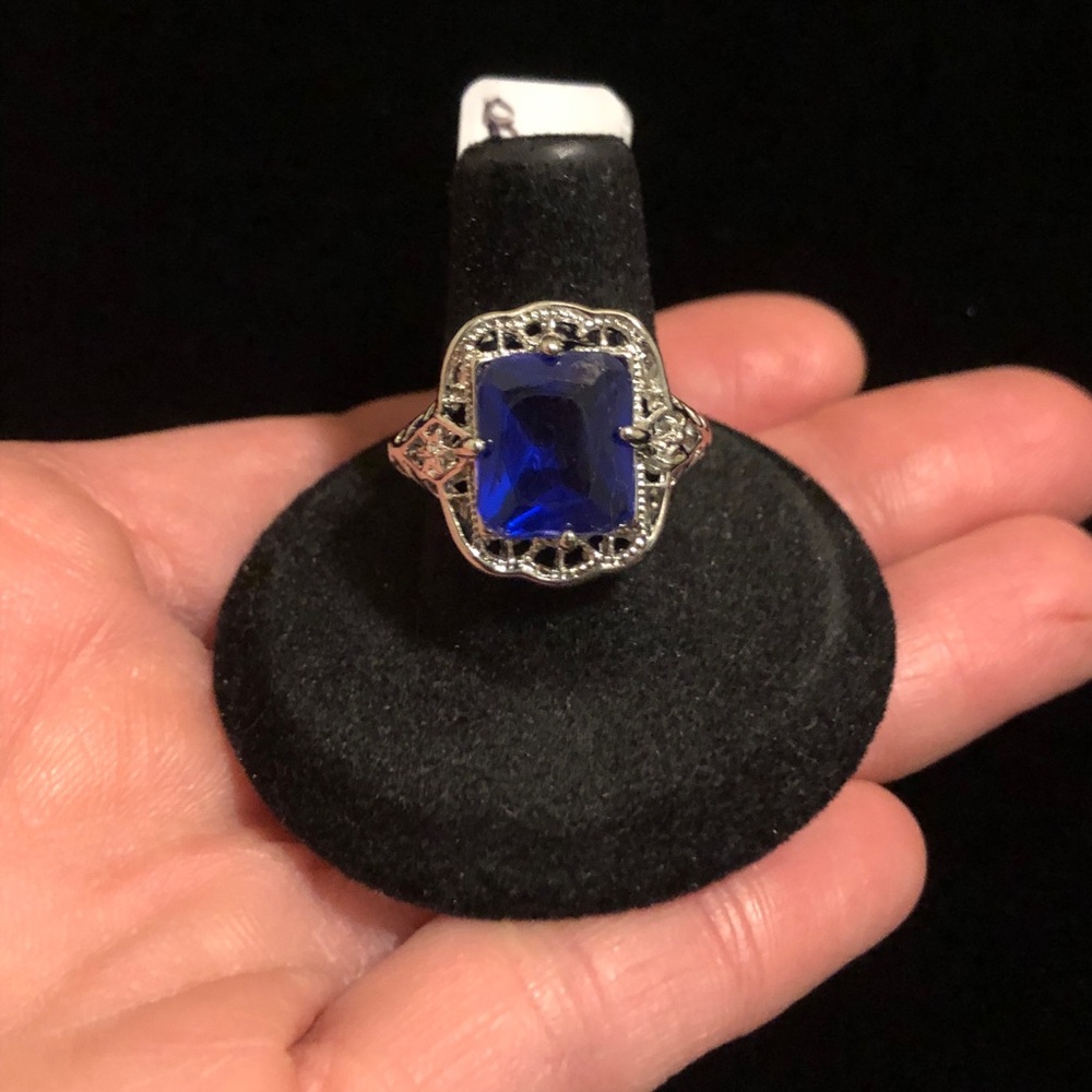 Blue Faux Gemstone Silver Tone Cocktail Ring Size 7